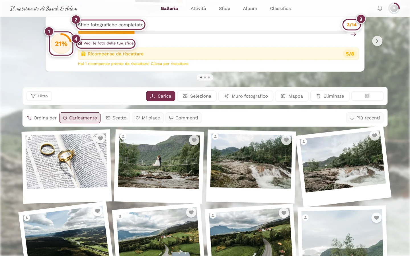 Scheda dei progressi sopra la griglia delle foto con quattro evidenziazioni: anello di avanzamento, titolo, coppia di numeri, link alle foto delle proprie sfide