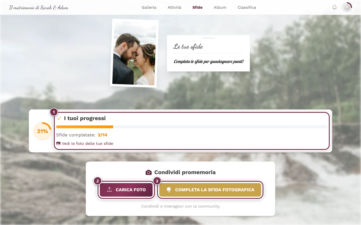 Pagina delle sfide con tre segni: avanzamento, Carica foto, Completa la sfida fotografica
