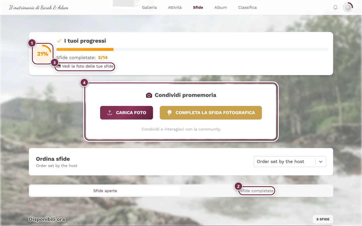 Parte superiore della pagina delle sfide con quattro evidenziazioni: anello di avanzamento, riga Sfide completate, link, scheda Condividi promemoria