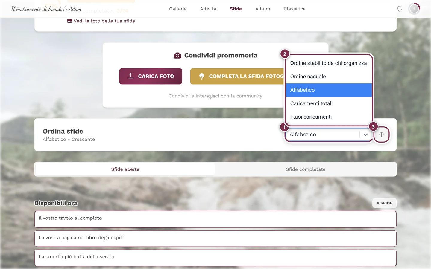 Campo di ordinamento aperto con quattro evidenziazioni: campo di selezione, elenco delle opzioni, freccia della direzione, Rimescola