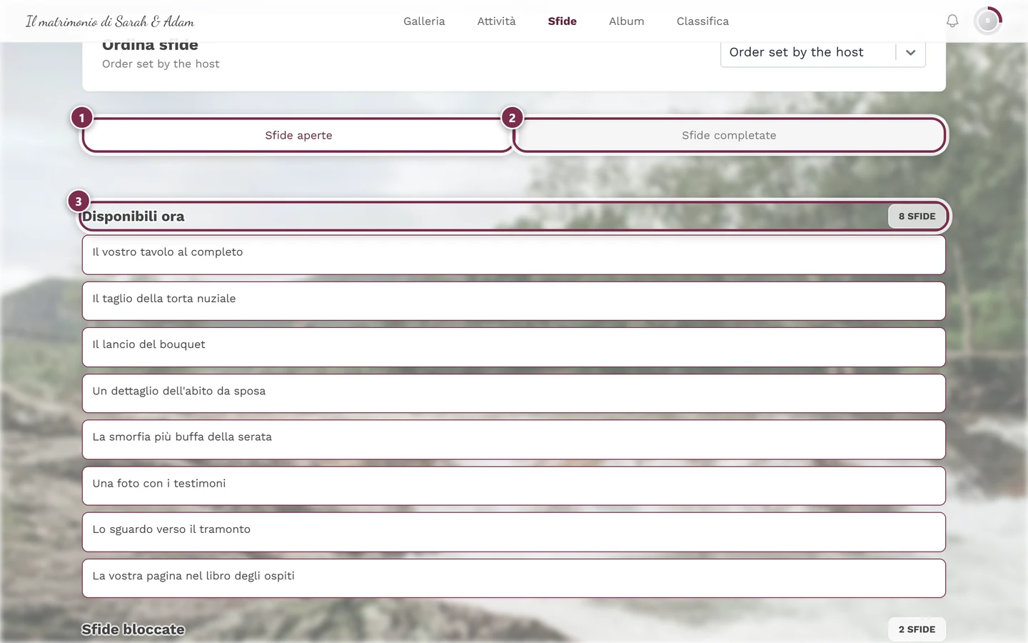 Pagina delle sfide con tre evidenziazioni: scheda Sfide aperte, scheda Sfide completate, intestazione della prima sezione