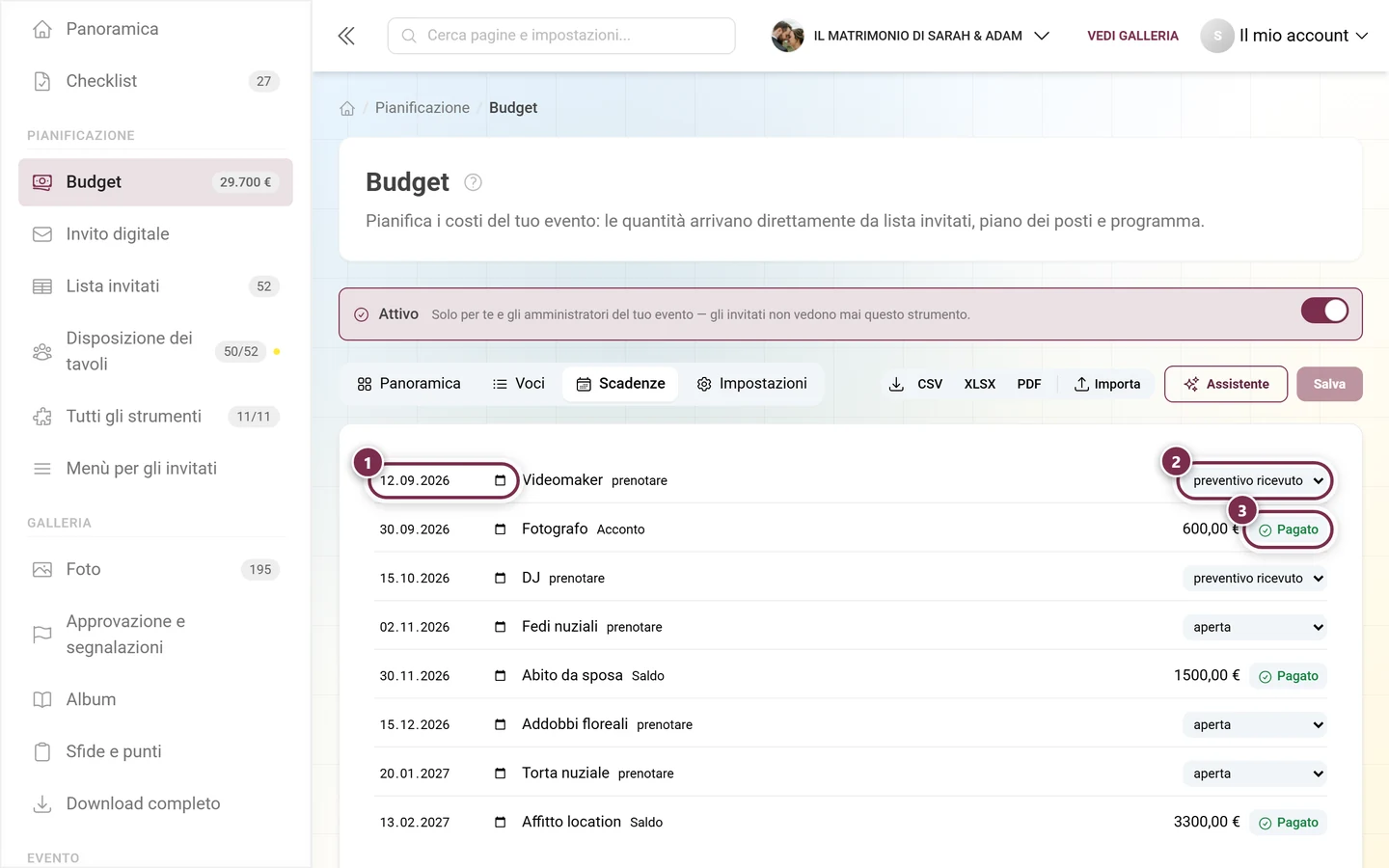 Scadenze con data limite, stato di una prenotazione e il pulsante Pagato per una rata