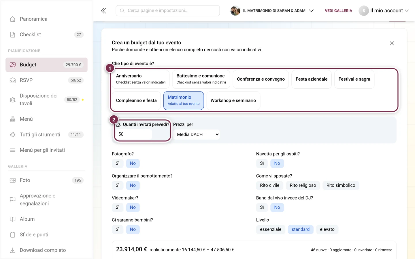 Assistente con i riquadri del tipo di evento e la domanda sul numero di invitati