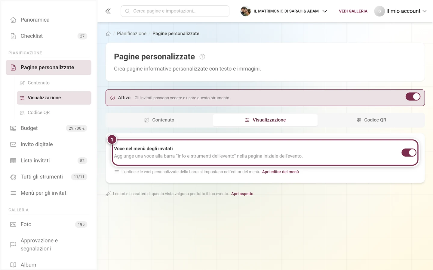 Scheda Visualizzazione delle Pagine personalizzate con l'interruttore Voce nel menù degli invitati evidenziato