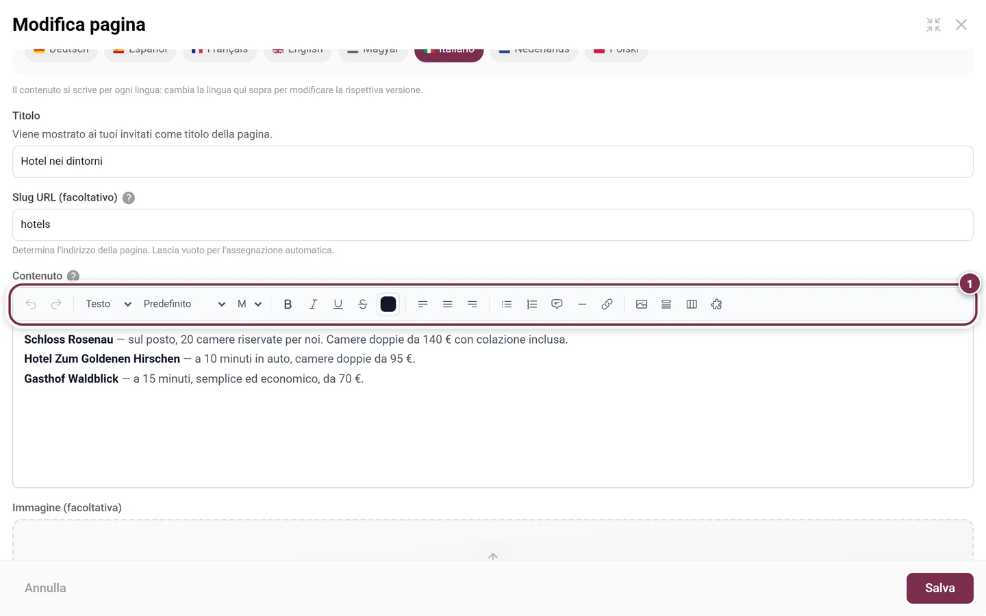 Finestra della pagina con la barra degli strumenti dell'editor di testo formattato evidenziata