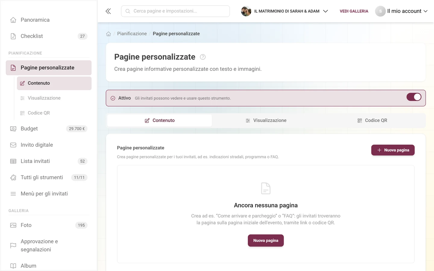 Stato vuoto delle Pagine personalizzate con l'avviso Ancora nessuna pagina e il pulsante Nuova pagina