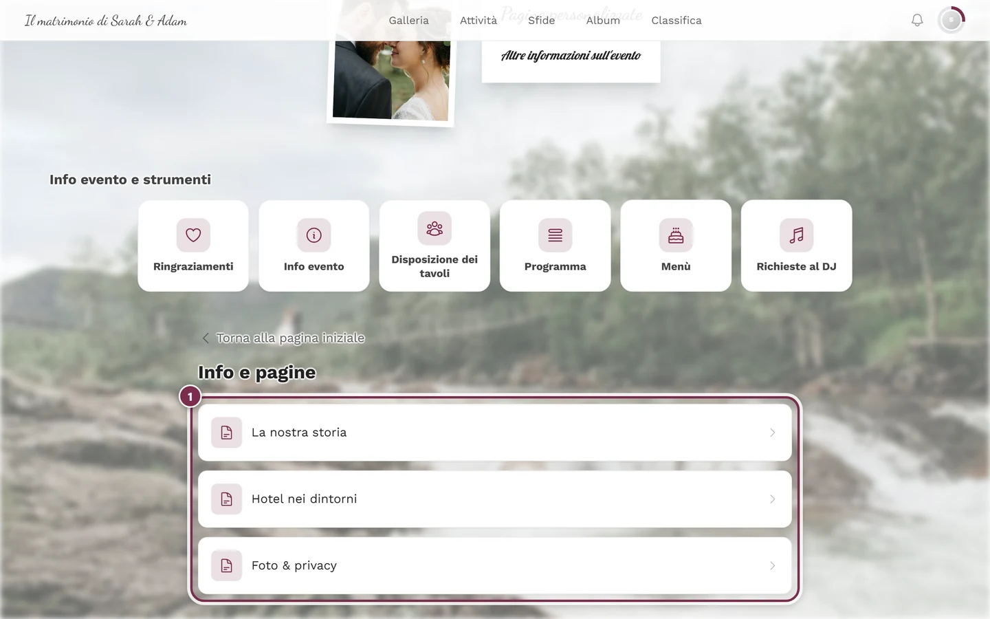 Pagina riepilogativa Info e pagine nella vista degli invitati con tre voci