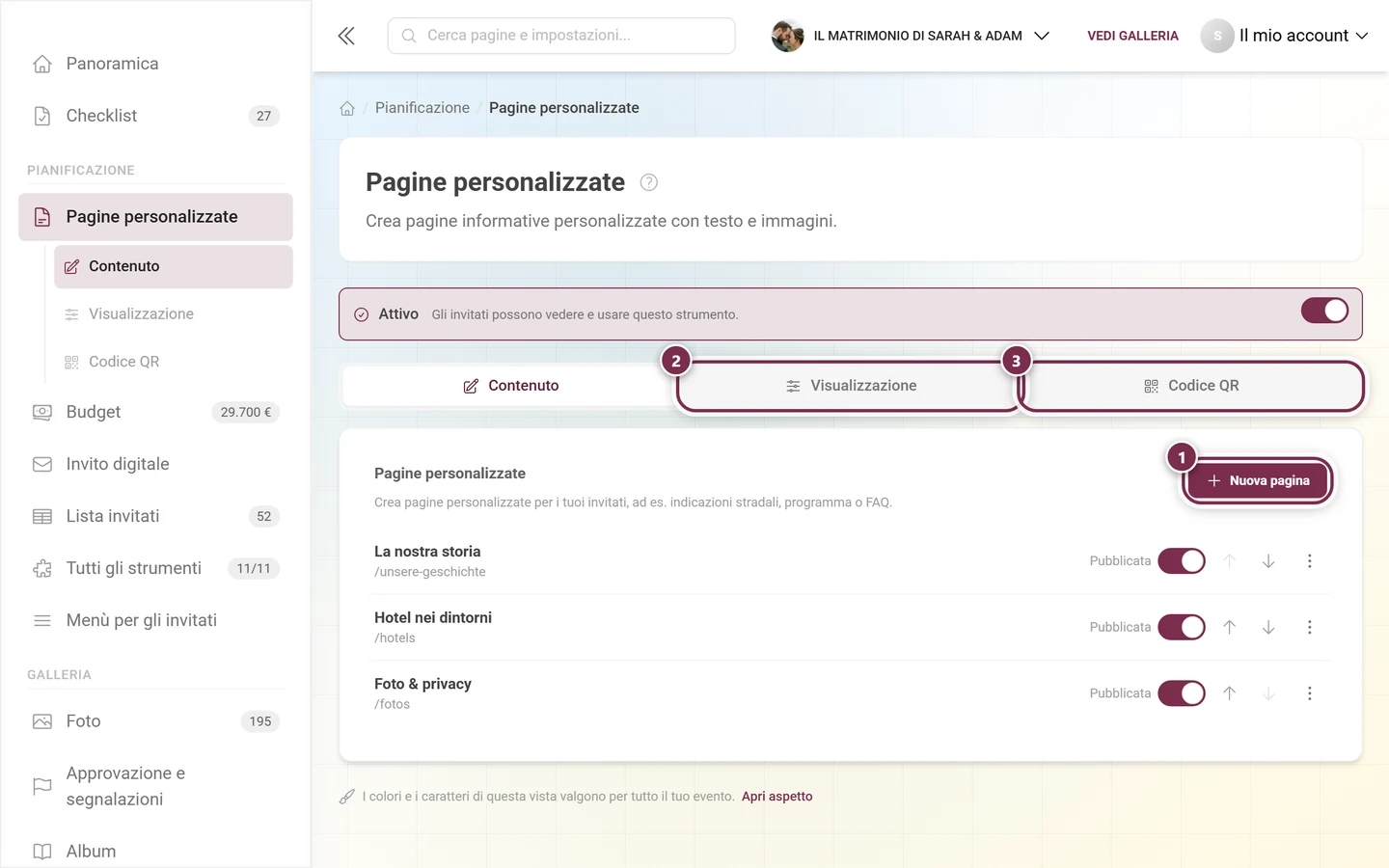 Intestazione delle Pagine personalizzate con il pulsante Nuova pagina e le schede Visualizzazione e Codice QR evidenziati