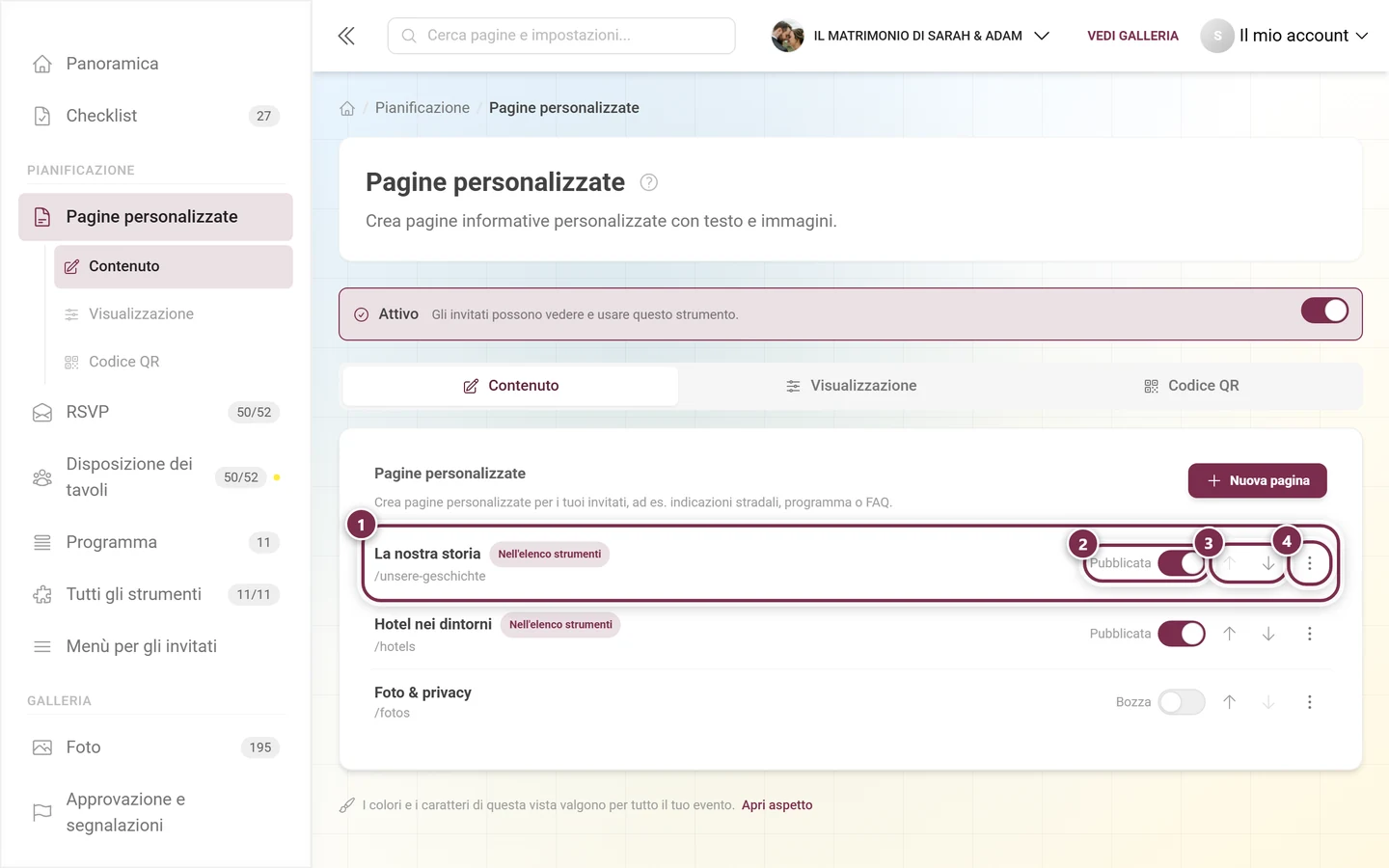 Elenco con tre pagine personalizzate, evidenziati una riga, l'interruttore Pubblicata, le frecce e il menu a tre puntini