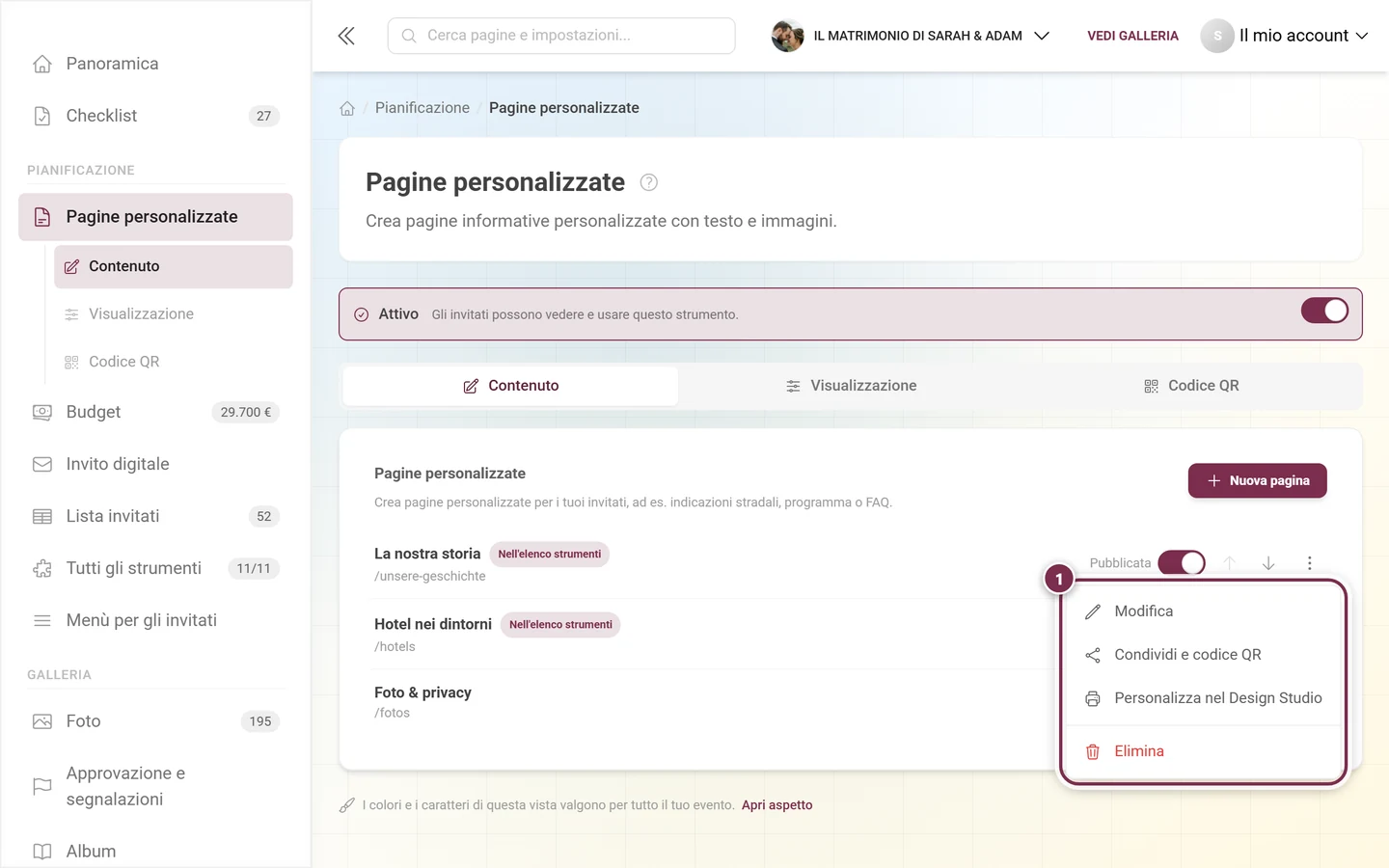 Menu a tre puntini di una pagina aperto con quattro voci