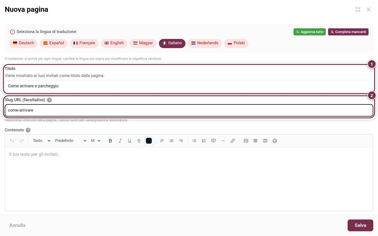 Finestra Nuova pagina con il titolo Come arrivare e parcheggio compilato e lo slug URL anfahrt