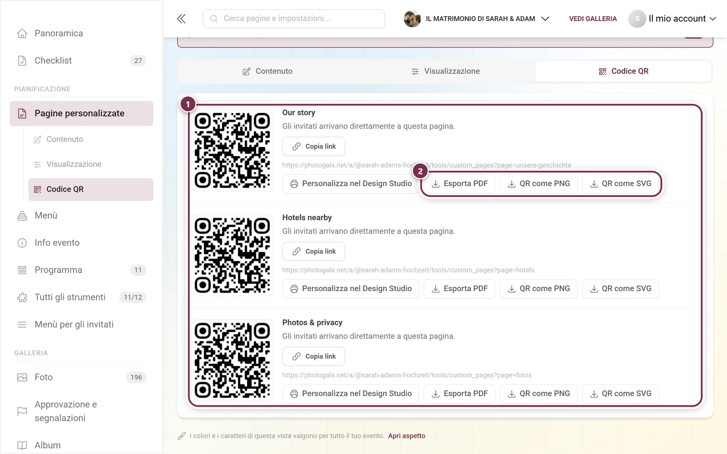 Scheda Codice QR con un blocco per ogni pagina pubblicata, evidenziati una scheda e i pulsanti di esportazione