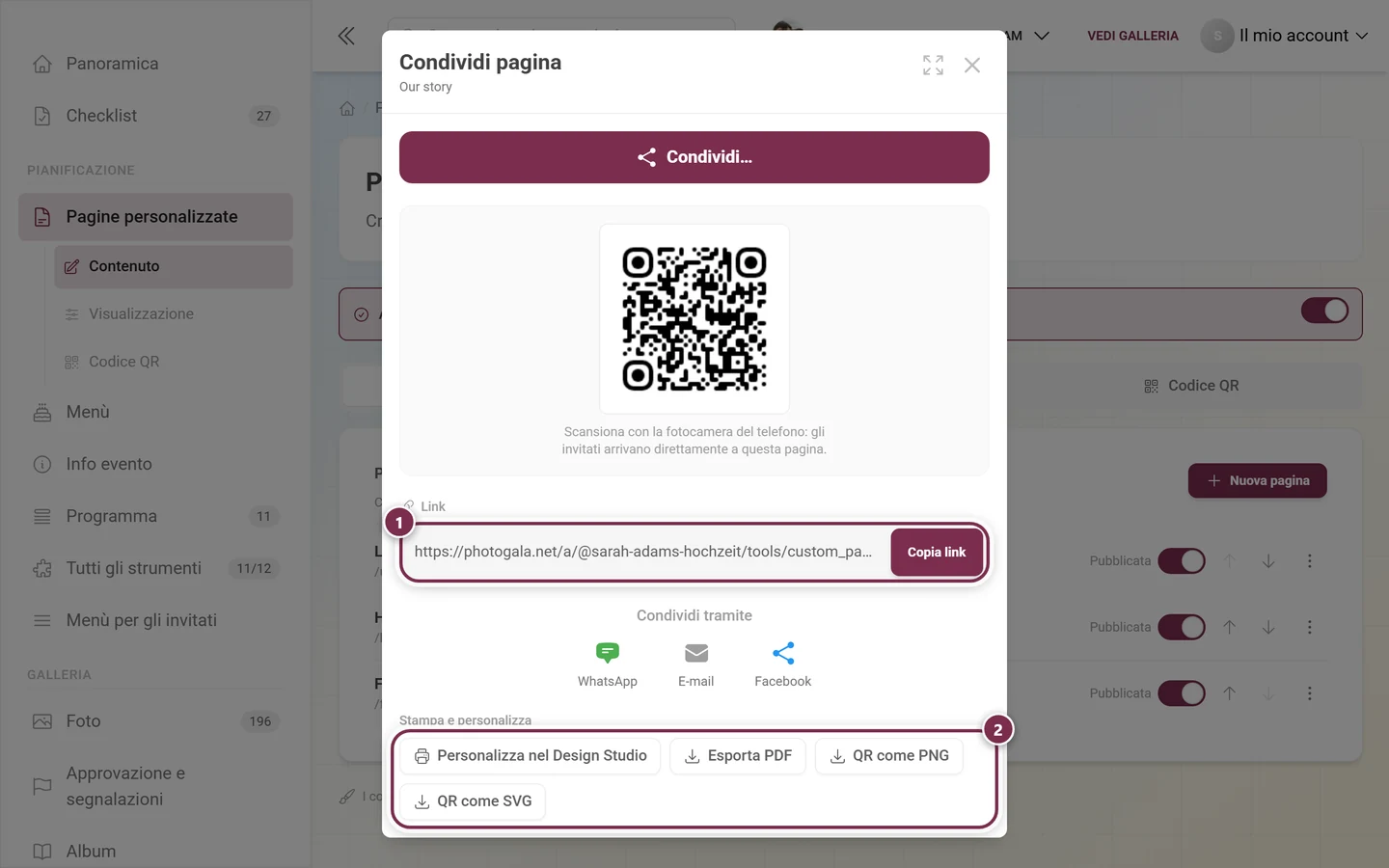 Finestra di condivisione di una pagina personalizzata con la riga del link e i quattro pulsanti di stampa e design evidenziati