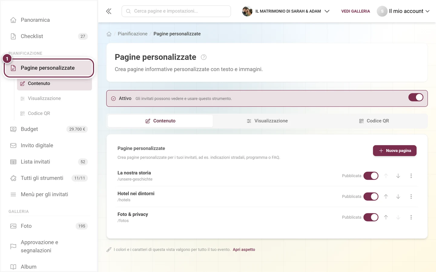 Barra laterale dell'amministrazione con la voce Pagine personalizzate evidenziata sotto Pianificazione