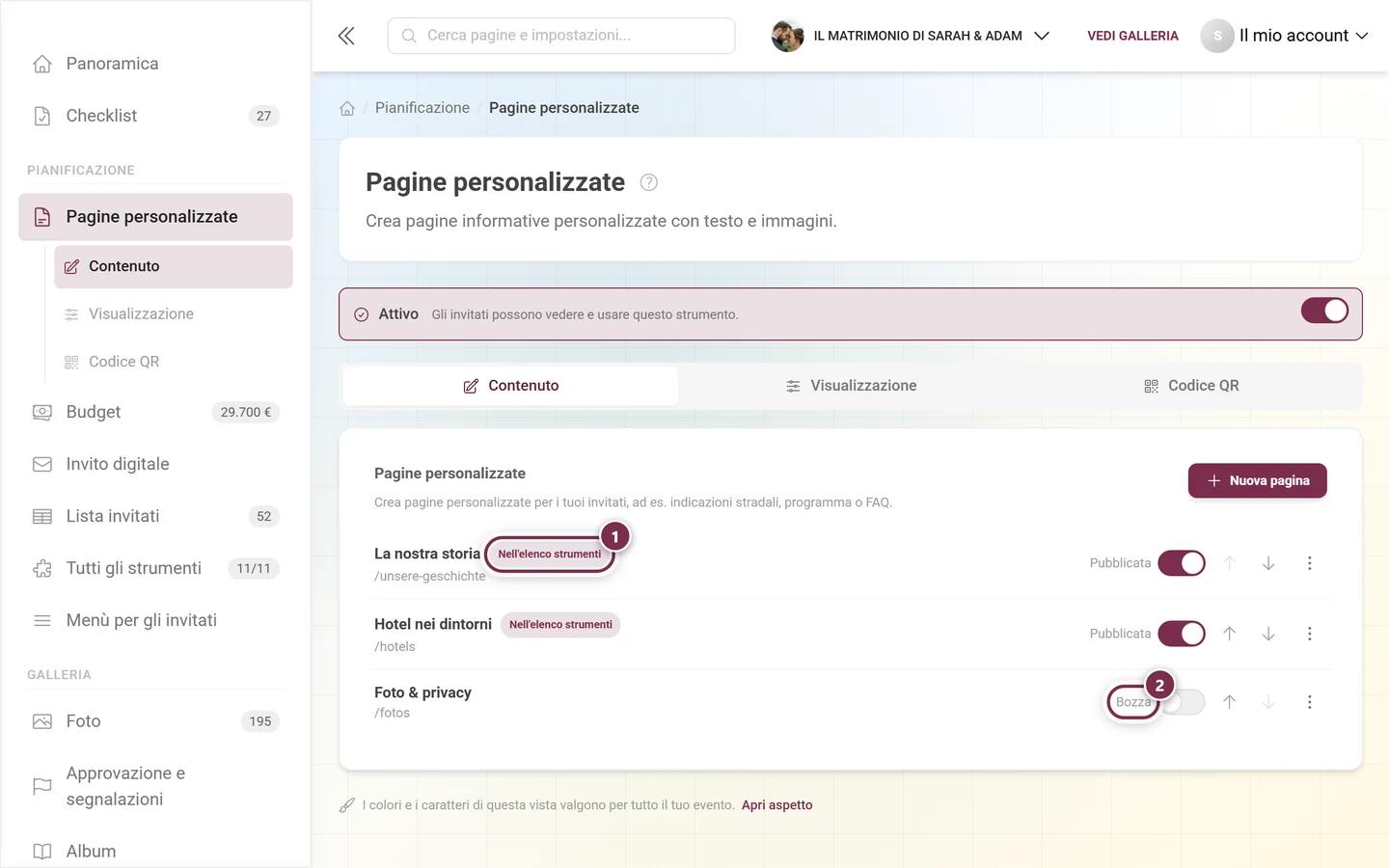 Due righe a confronto, evidenziati l'etichetta Nell'elenco strumenti e lo stato Bozza