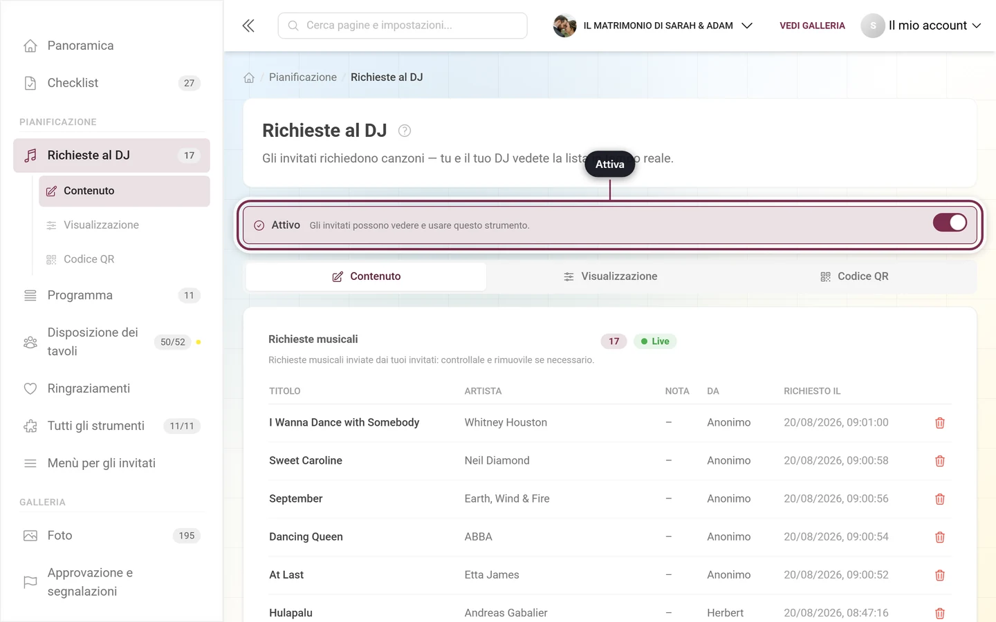Editor delle richieste al DJ con l'interruttore principale evidenziato