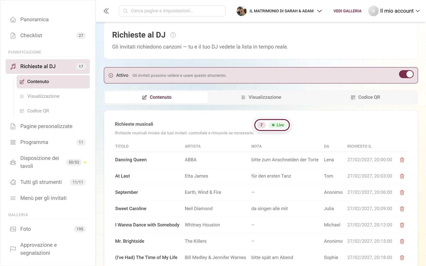 Titolo Richieste musicali con il numero totale e il chip Live evidenziati