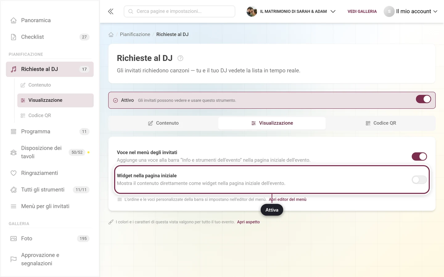 Scheda Visualizzazione delle richieste al DJ con l'interruttore del widget evidenziato