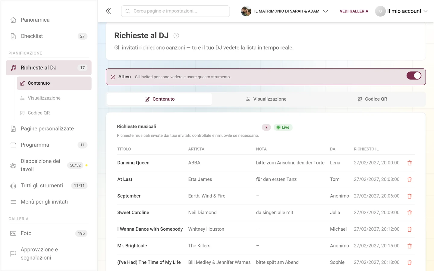 Lista dal vivo delle richieste musicali con titolo, artista e mittente