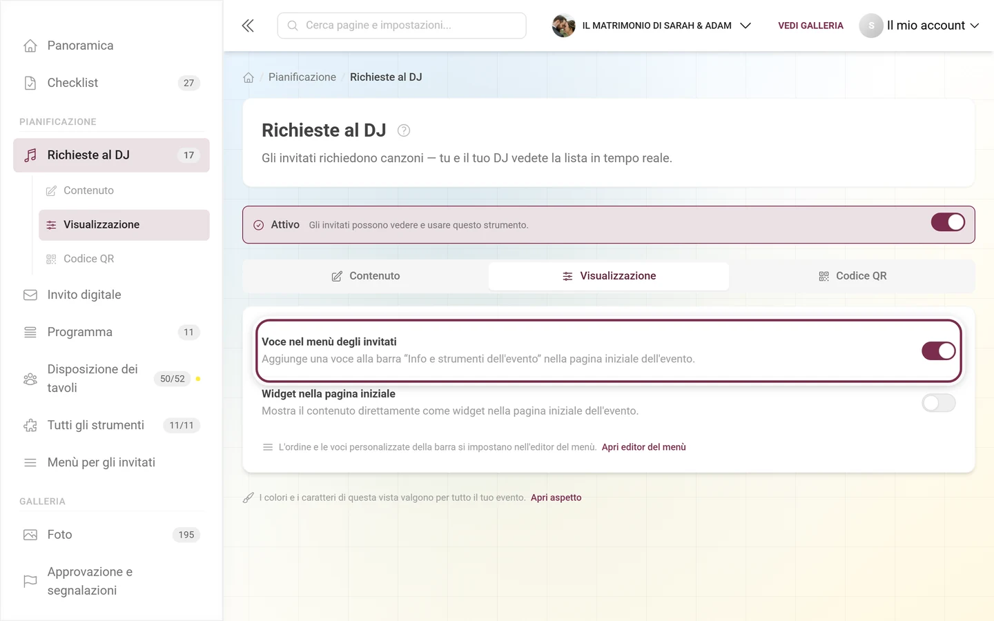 Scheda Visualizzazione delle richieste al DJ con l'interruttore Voce nel menù degli invitati evidenziato