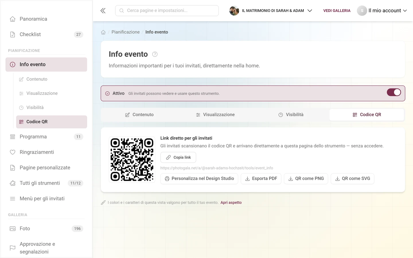 Scheda Codice QR di uno strumento con link diretto, immagine QR e pulsanti di esportazione