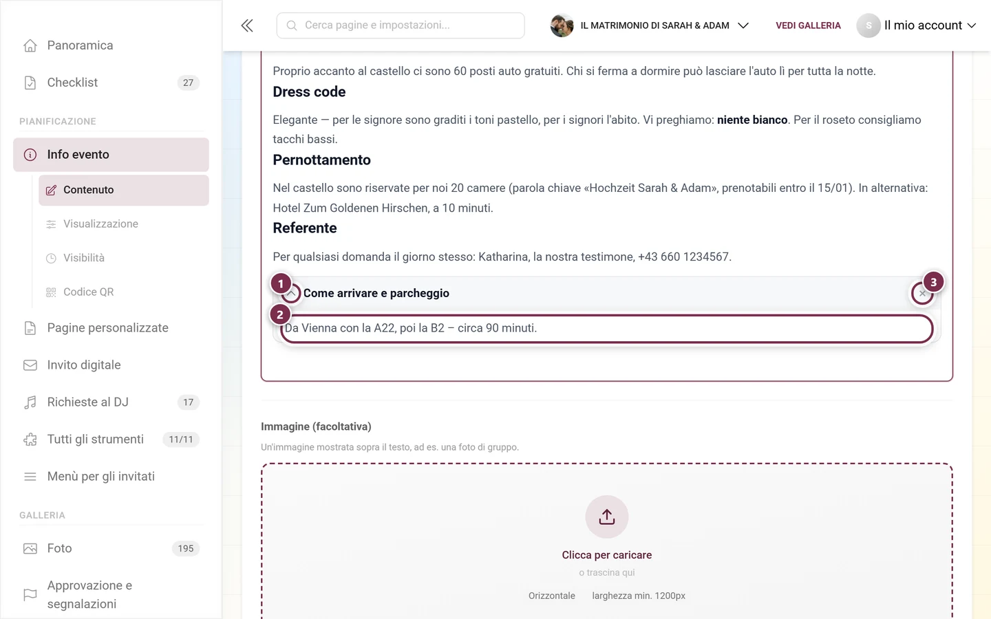 Sezione espandibile nell'editor con titolo, area del contenuto e pulsante per rimuoverla