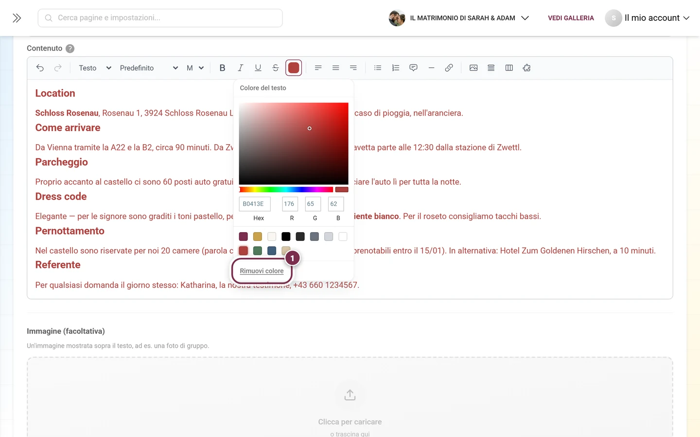 Selettore di colore con il link Rimuovi colore sotto i colori predefiniti