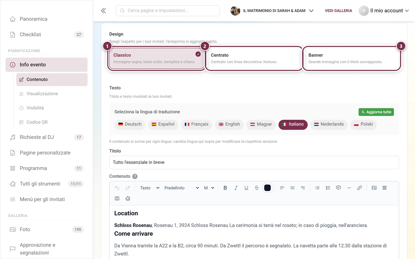 Blocco Design nella scheda Contenuto con le tre schede di stile Classico, Centrato e Banner