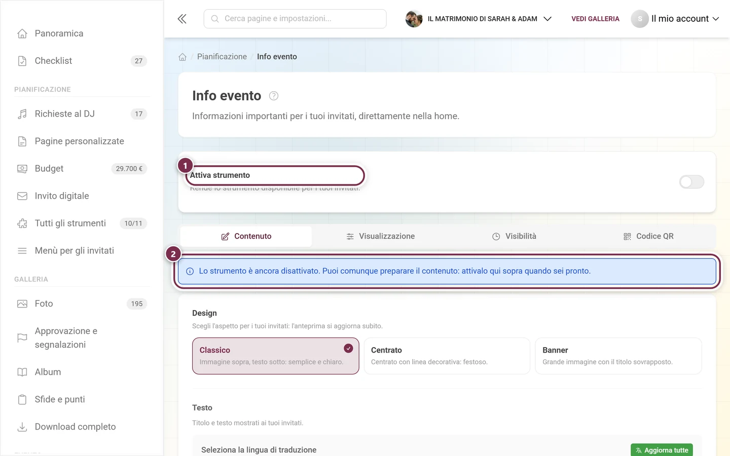 Pagina Info evento con l'interruttore dello strumento spento e un avviso blu sotto