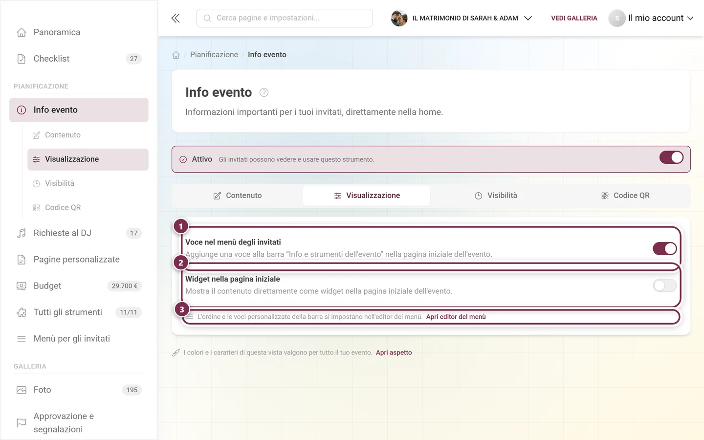 Scheda Visualizzazione con gli interruttori per la voce nel menù degli invitati e il widget della pagina iniziale