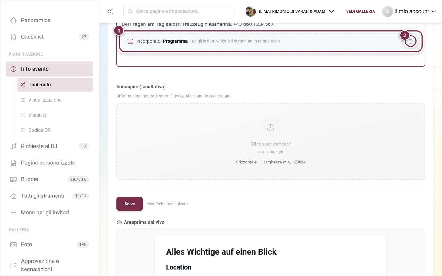 Scheda segnaposto di uno strumento incorporato nell'editor con il pulsante cestino