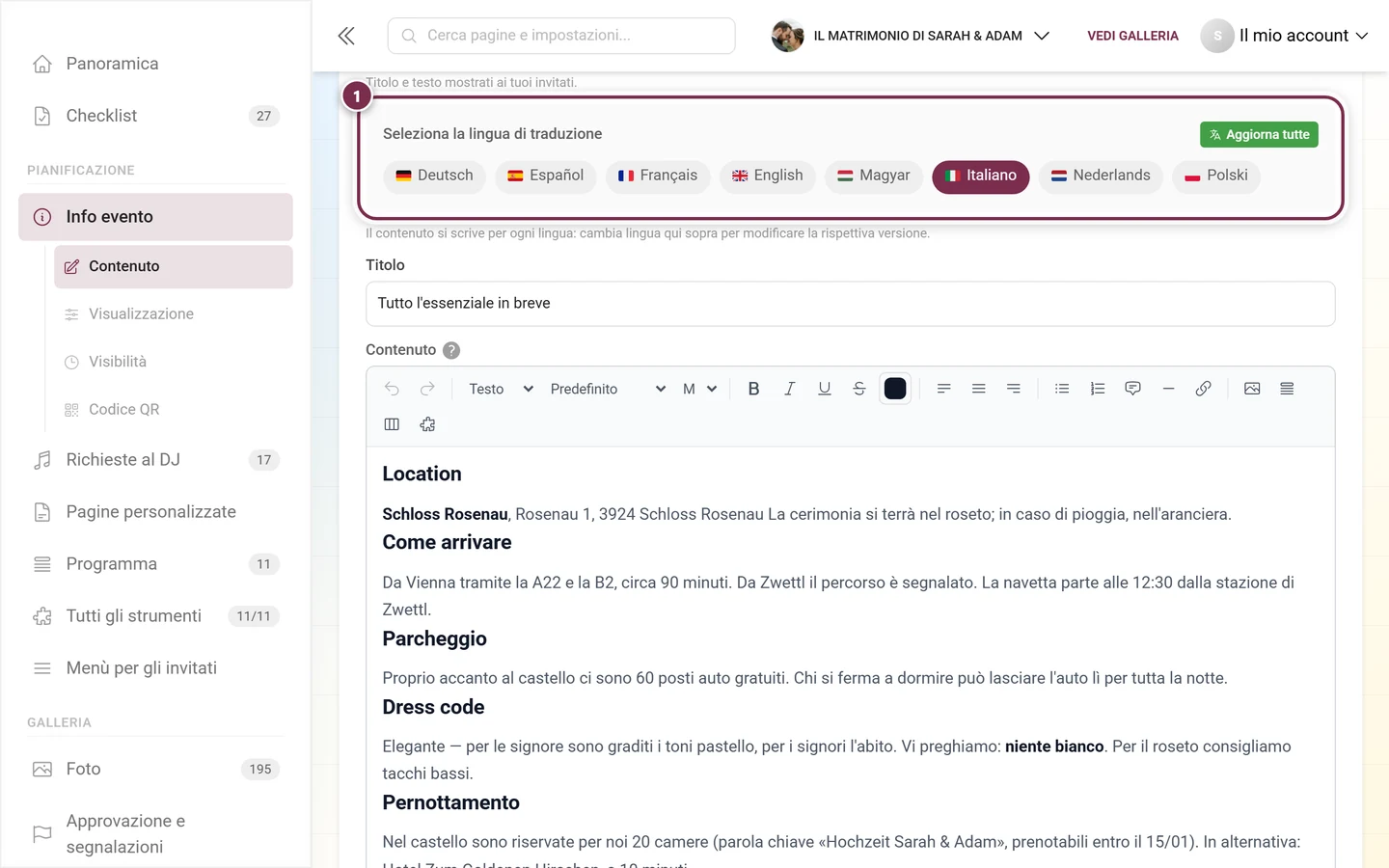 Barra Seleziona la lingua di traduzione con Deutsch ed English e il pulsante Aggiorna tutte