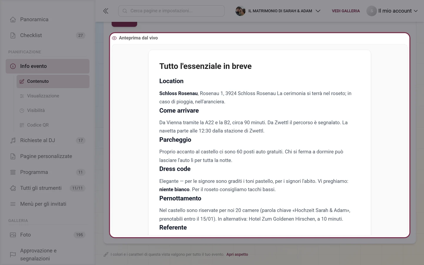Anteprima dal vivo sotto il modulo con l'Info evento già impaginata