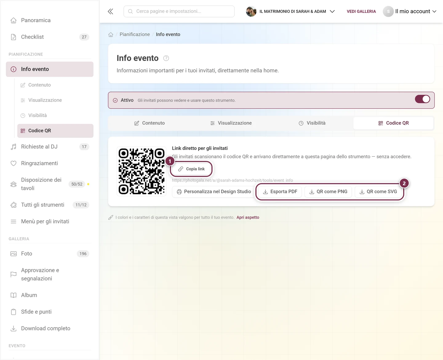 Scheda Codice QR con il codice, il pulsante Copia link e i pulsanti di esportazione