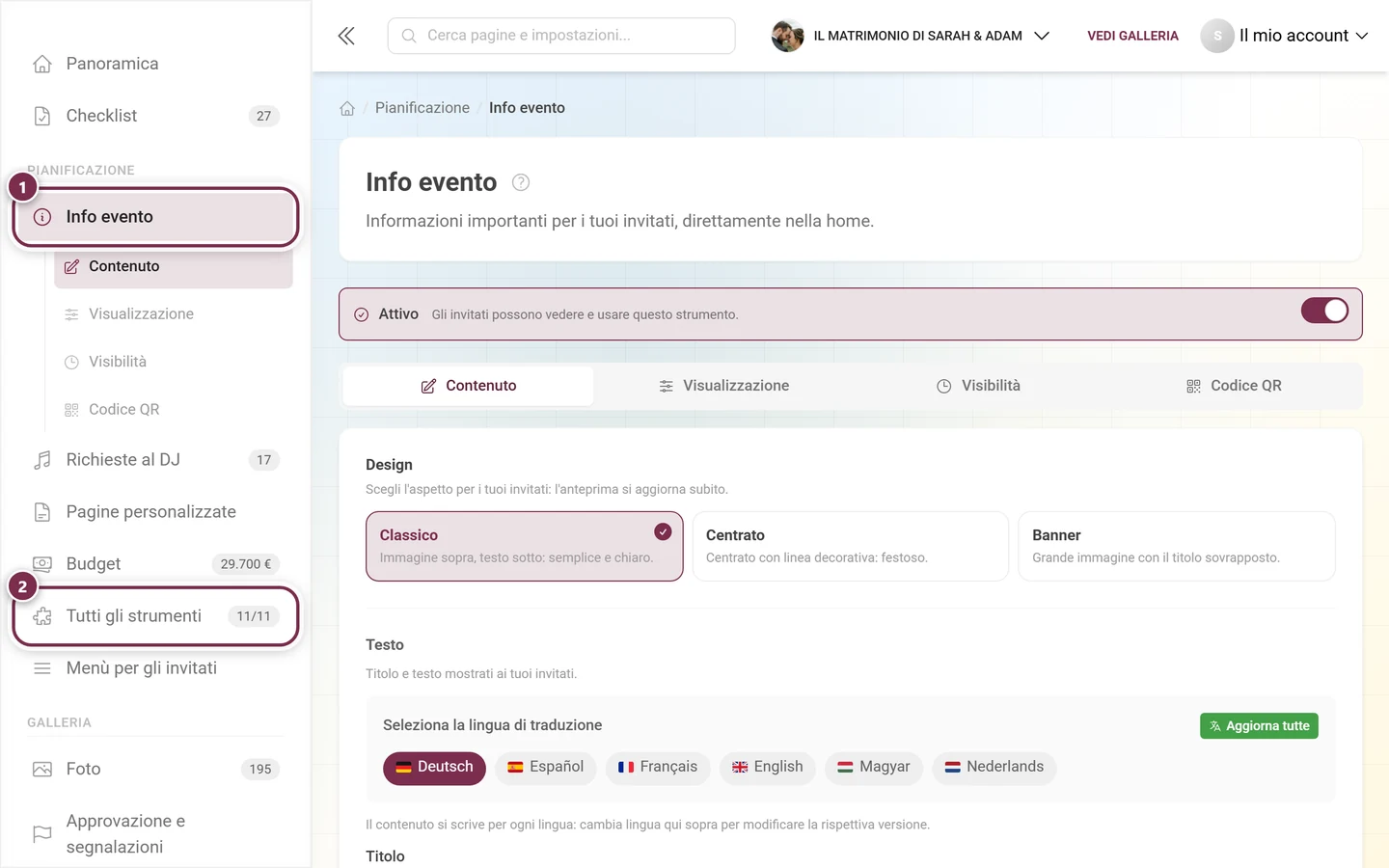 Barra di navigazione a sinistra con la voce Info evento aperta e la voce Tutti gli strumenti