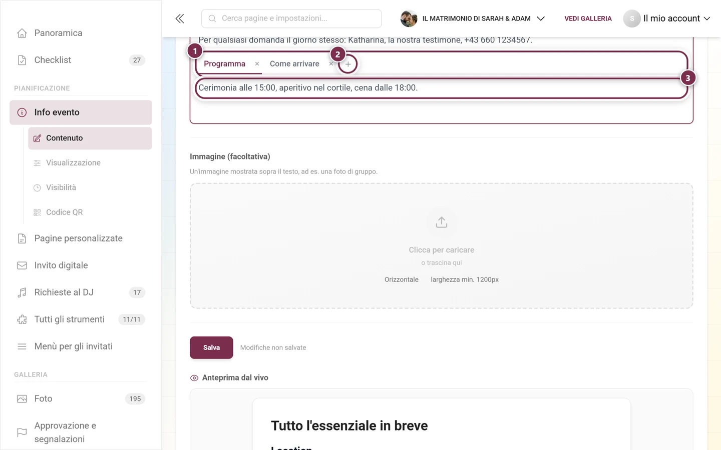 Blocco di schede nell'editor con la barra delle schede, il pulsante più e il contenuto della scheda attiva