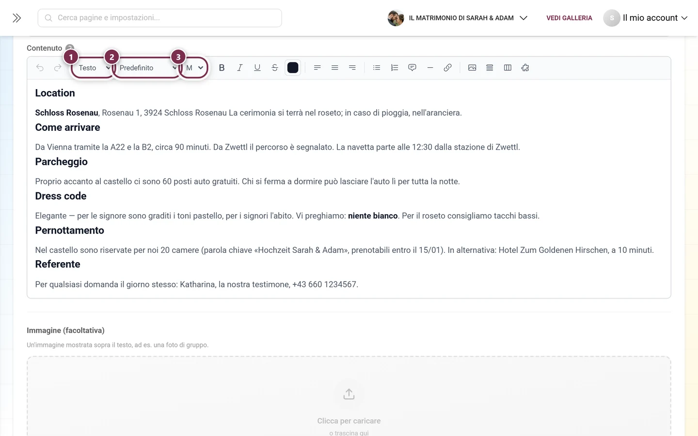 Barra degli strumenti dell'editor di testo formattato con i tre menu a tendina evidenziati