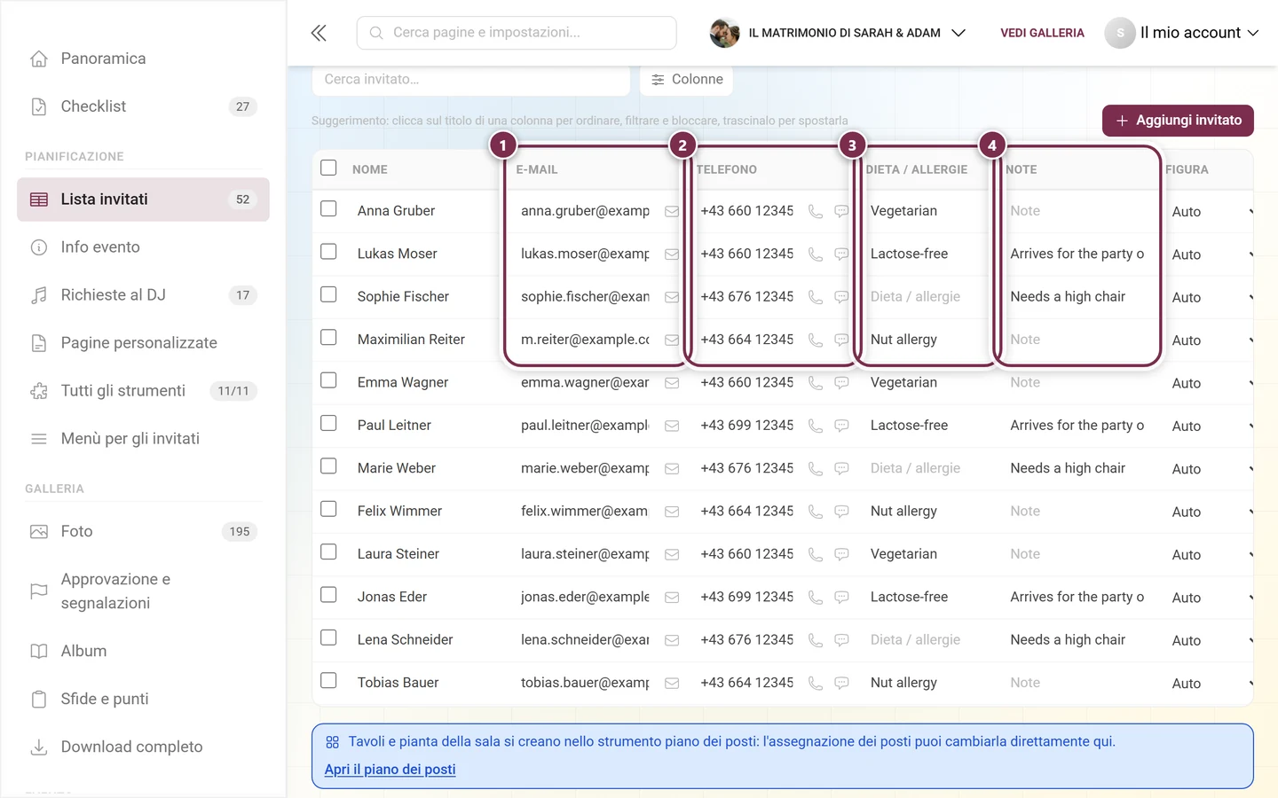 Colonne E-mail, Telefono, Dieta e Note della lista invitati, tutte e quattro evidenziate