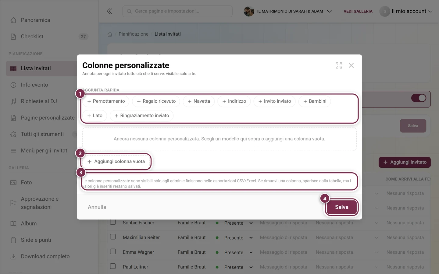 Finestra Colonne personalizzate con evidenziati la griglia dei modelli, Aggiungi colonna vuota, l'avviso per gli admin e Salva