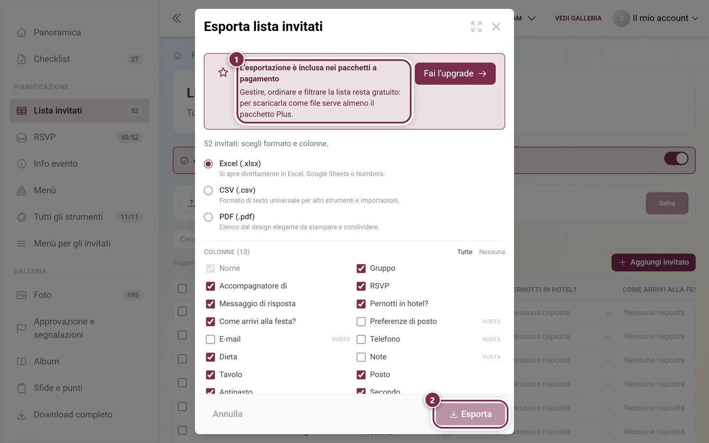 Finestra di esportazione della lista invitati con evidenziati il riquadro di upgrade e il pulsante Esporta grigio