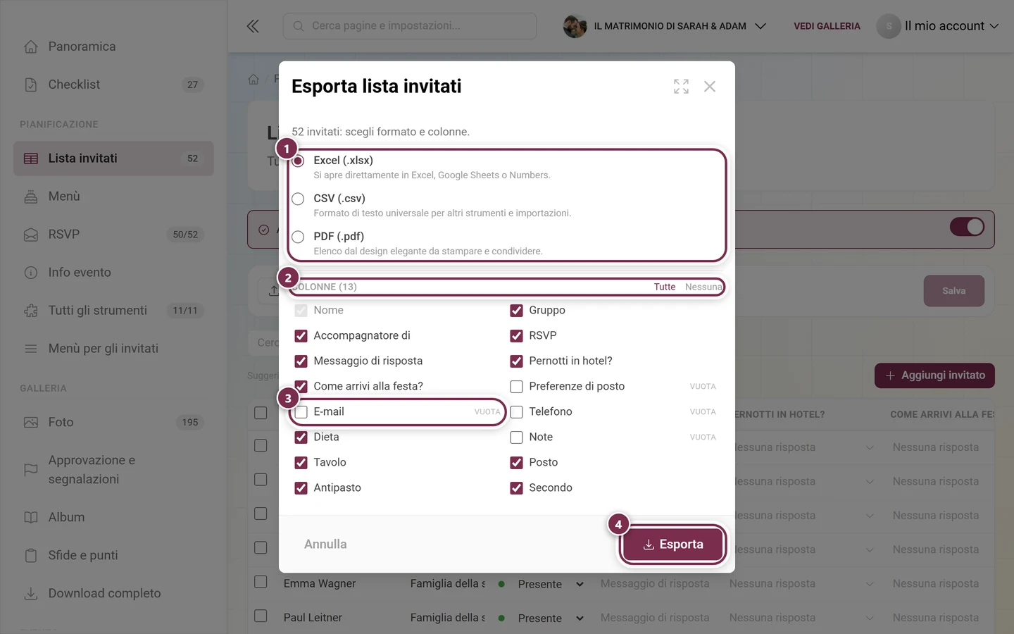 Finestra Esporta lista invitati con evidenziati i formati, la selezione delle colonne, una colonna vuota e il pulsante Esporta