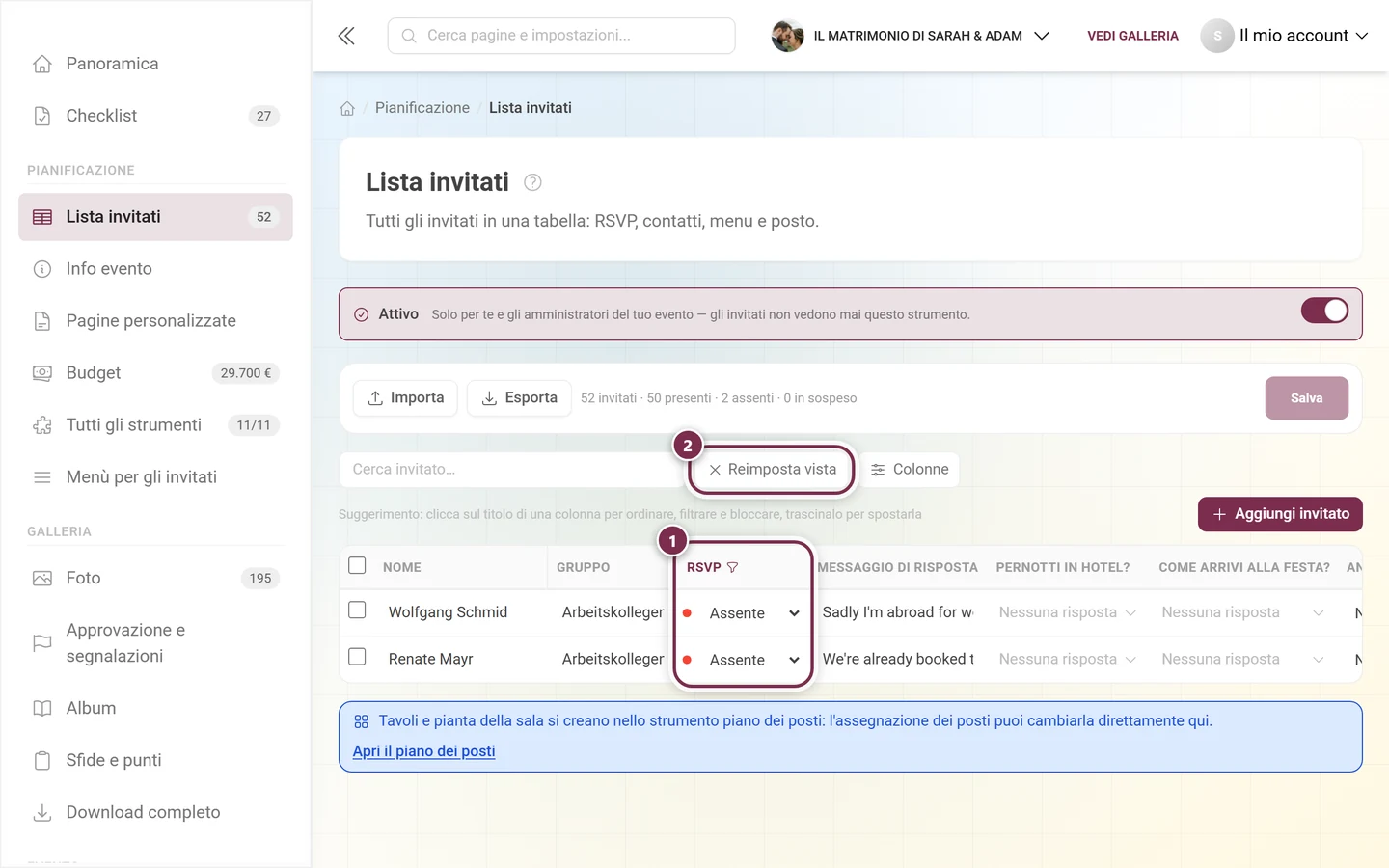 Lista invitati con evidenziati la colonna RSVP filtrata e il pulsante Reimposta filtri