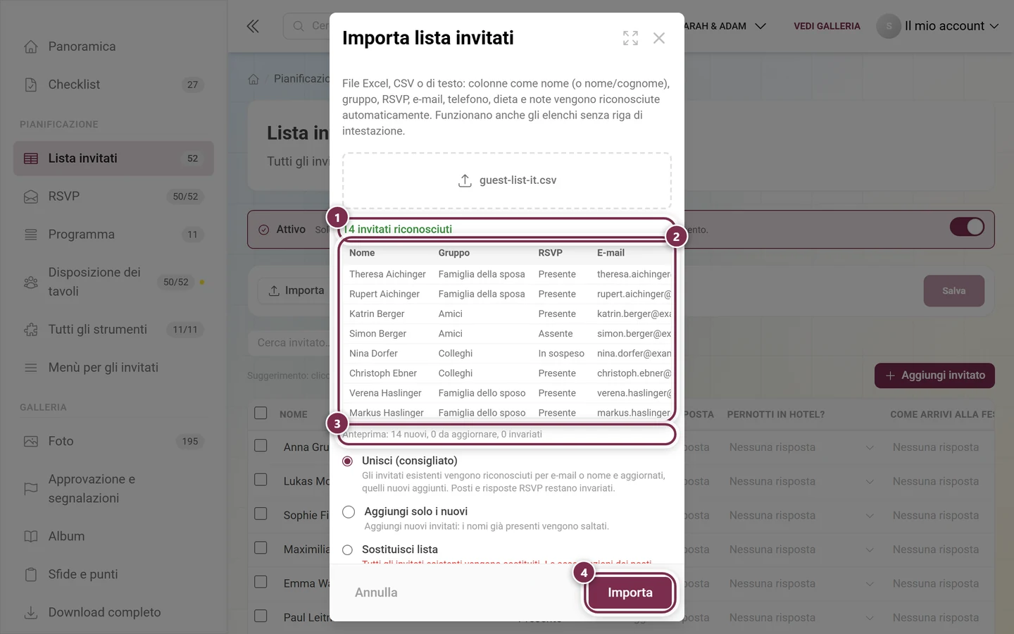 Finestra di importazione della lista invitati con evidenziati la riga del file, la tabella di anteprima, l'anteprima dell'unione e il pulsante Importa