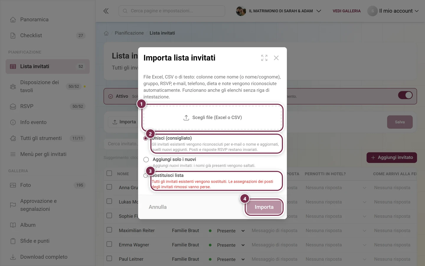 Finestra Importa lista invitati con evidenziati la scelta del file, le modalità Unisci e Sostituisci lista e il pulsante Importa