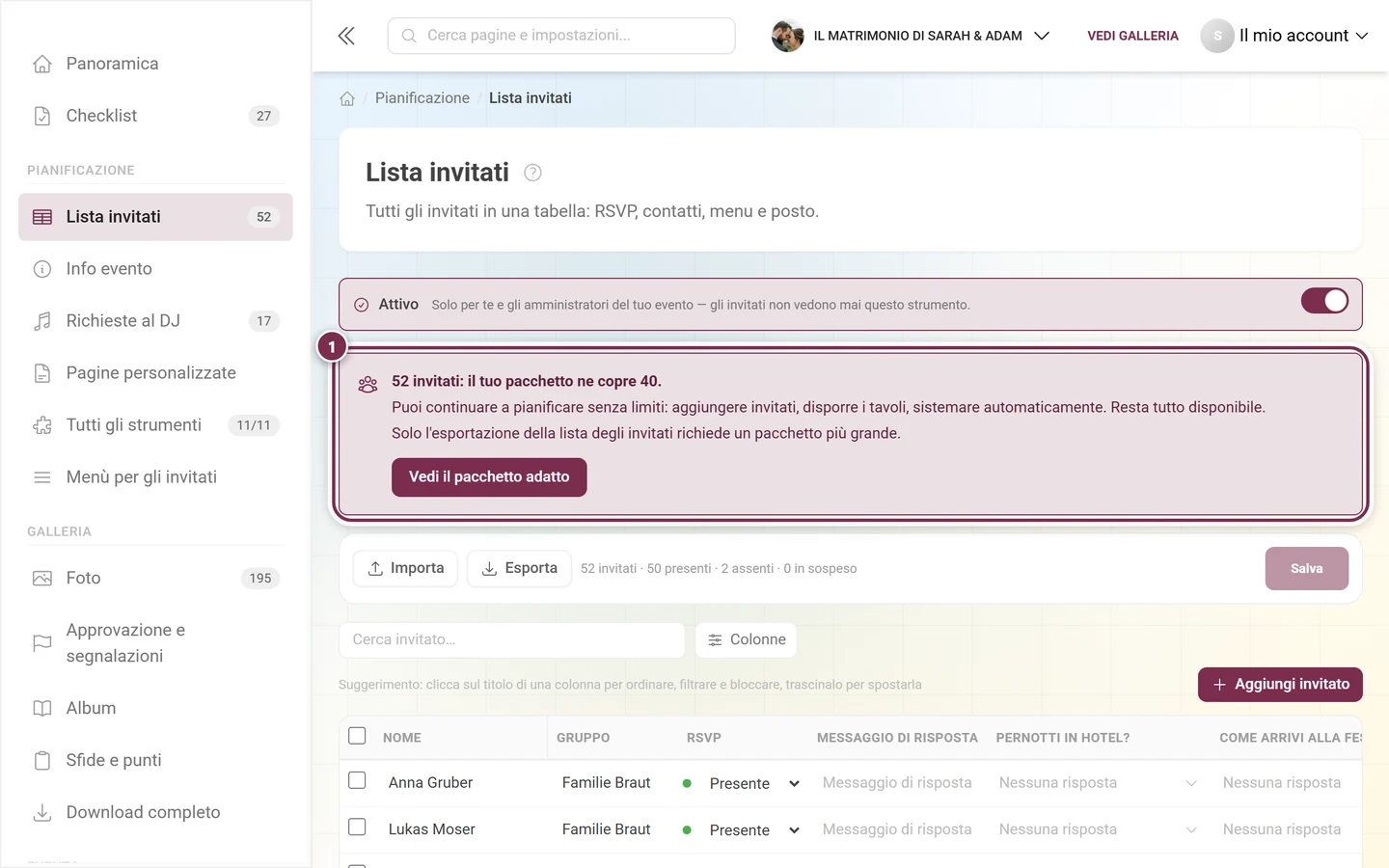 Lista invitati con evidenziato il riquadro del limite sopra la barra delle azioni