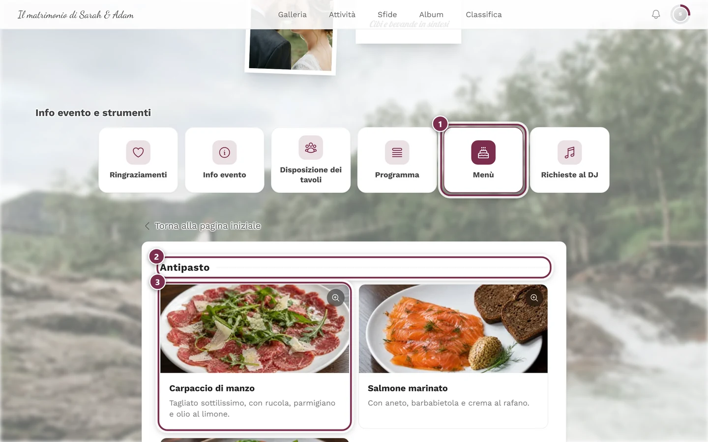 Pagina del menù con portate e piatti