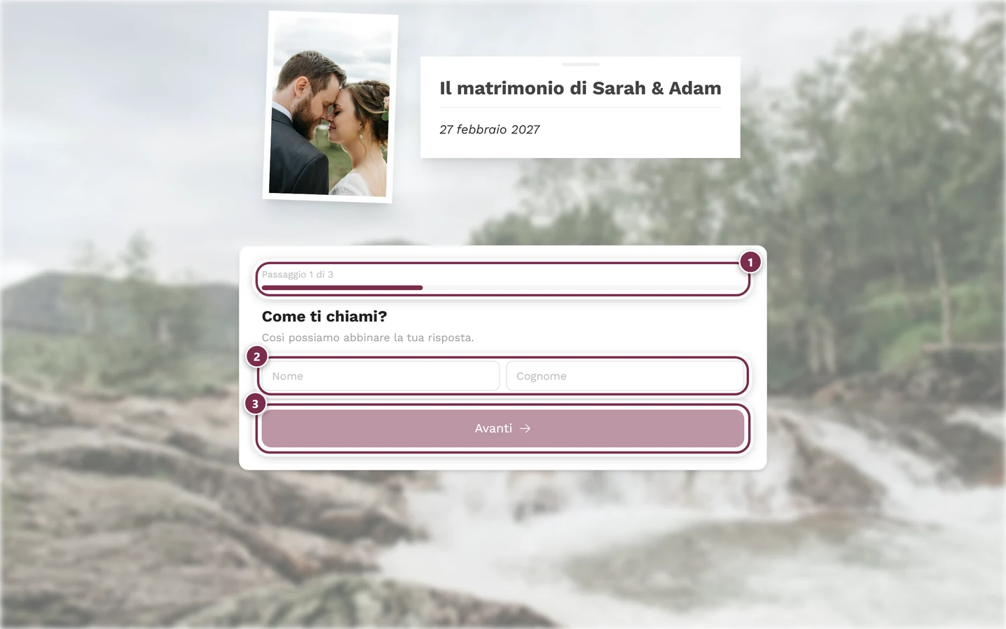 Il modulo RSVP visto da un invitato con indicatore dei passaggi e campo del nome