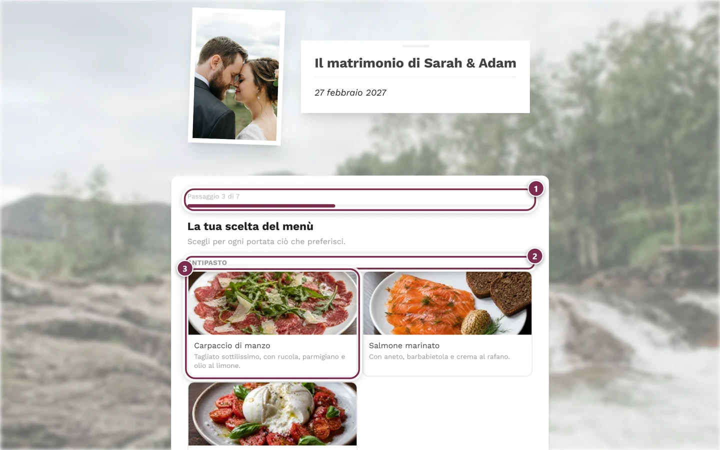 Passaggio del menù dell'assistente di risposta con gli antipasti tra cui scegliere