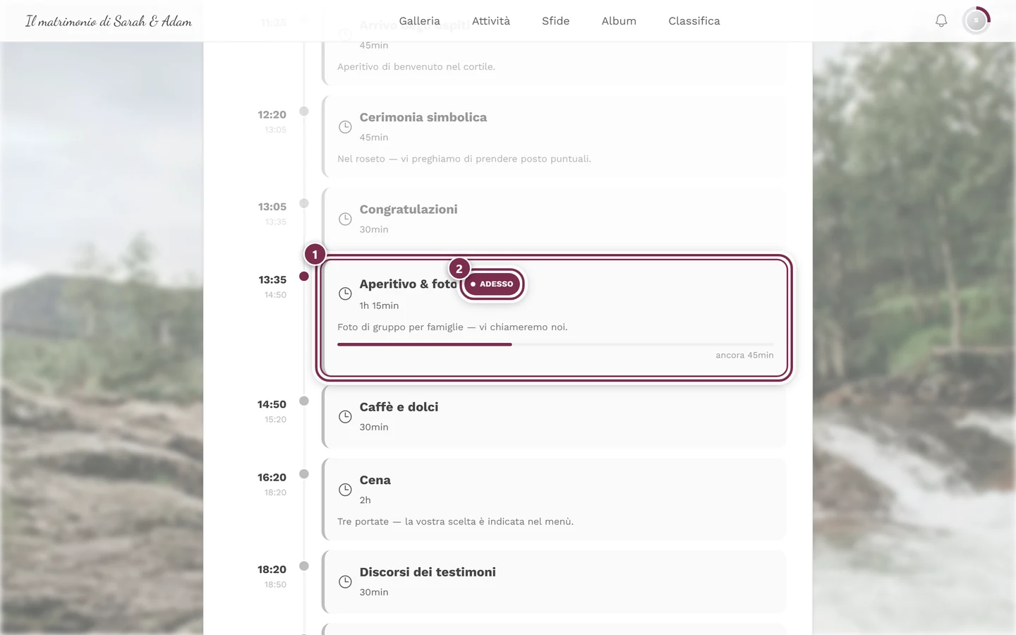 Programma durante l'evento con il punto in corso evidenziato e l'indicatore Adesso