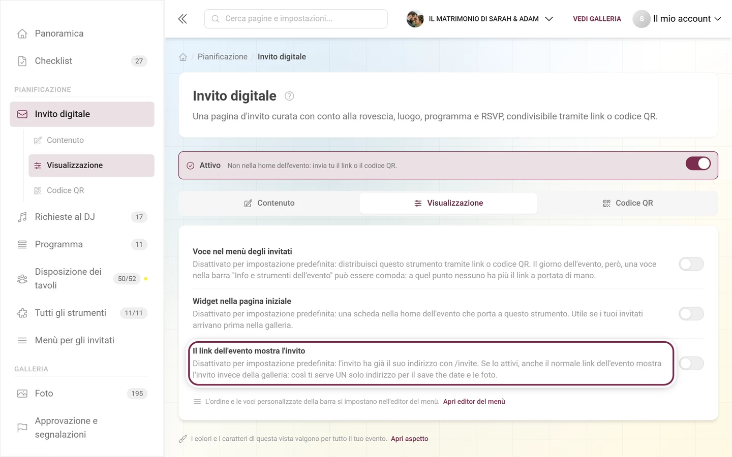 Scheda Visualizzazione dell'invito con l'interruttore del link dell'evento evidenziato